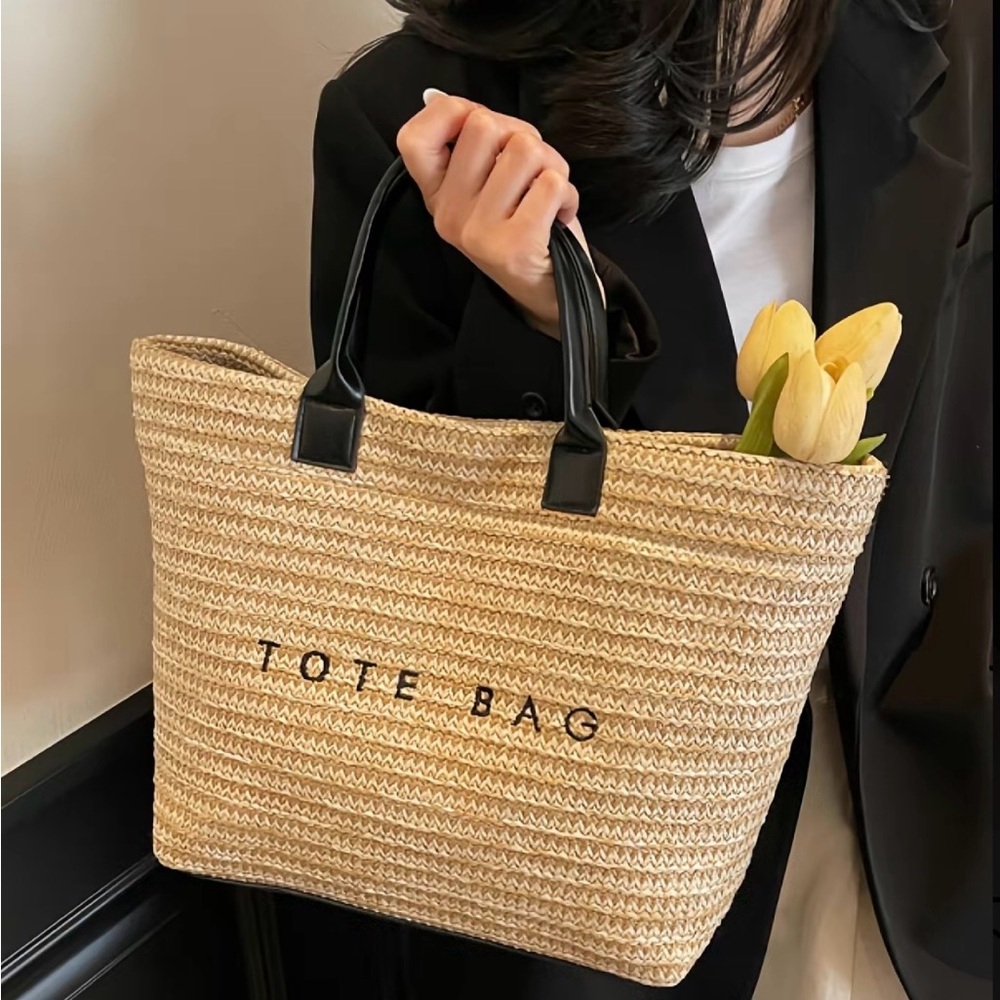 Woven Straw Tote Bag with Black Handles